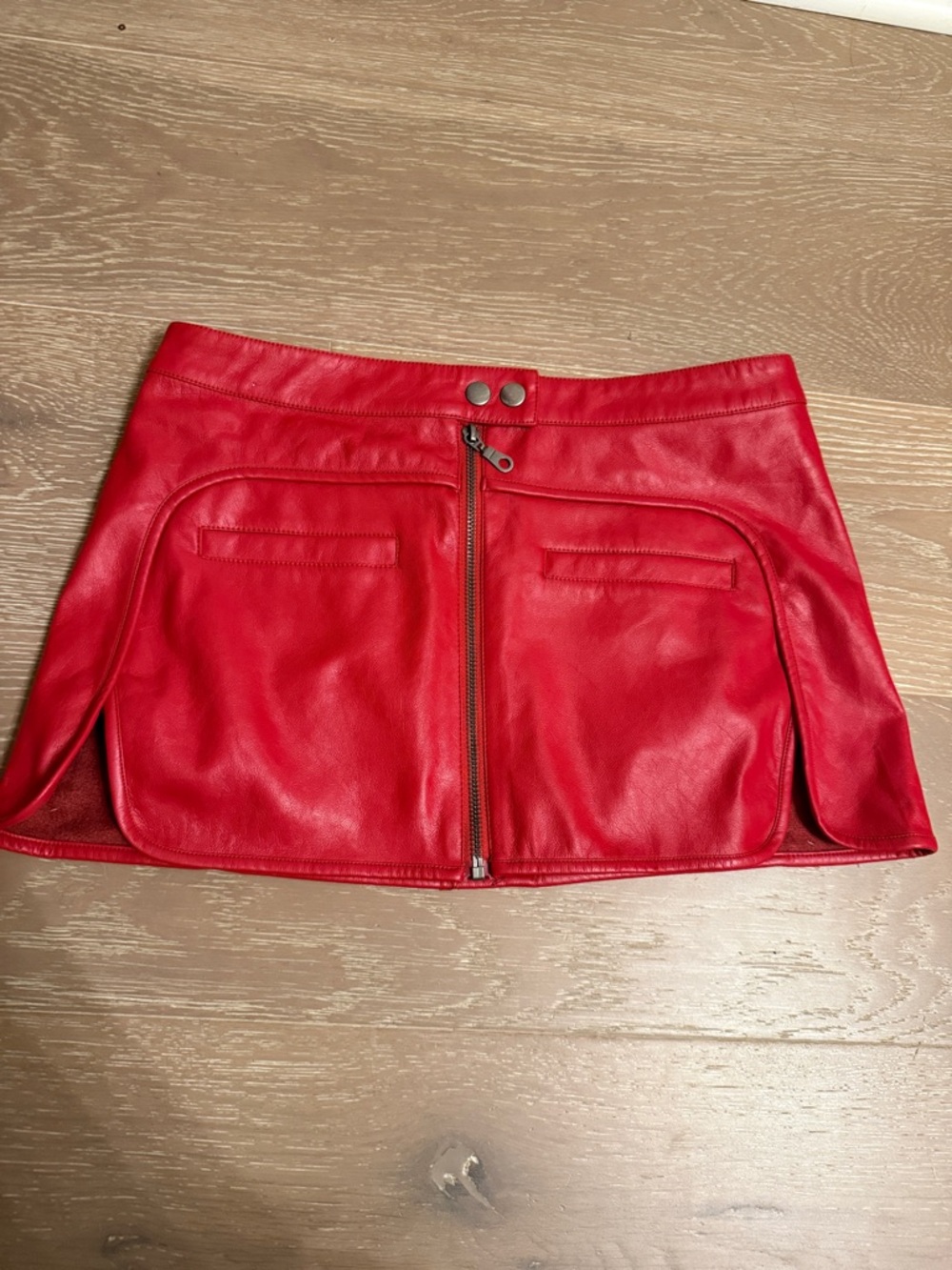 emory park Red Faux Leather Mini Skirt with Front Zip and Pocket Panels